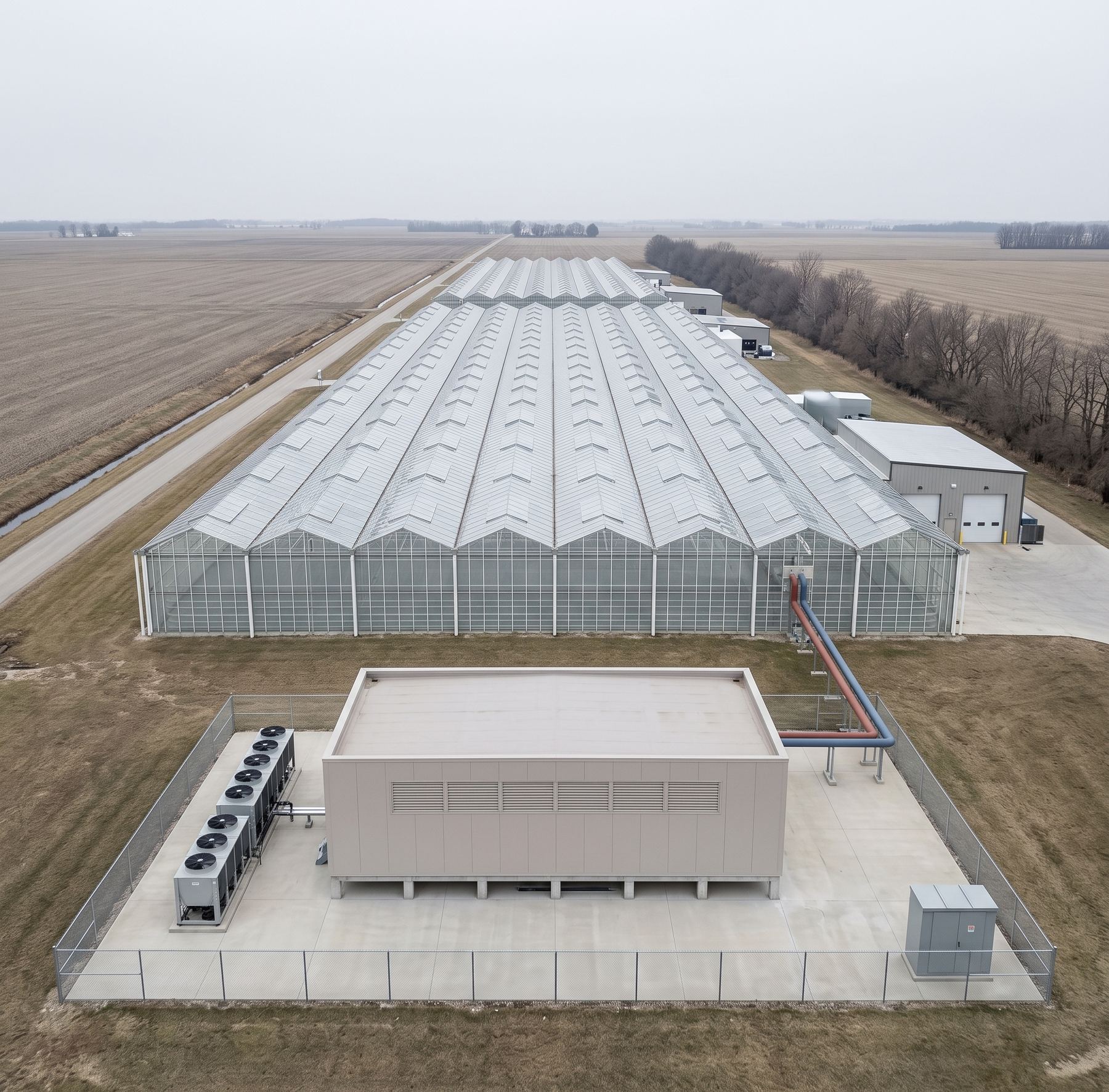 A compute building beside a glasshouse range in flat Ohio farmland