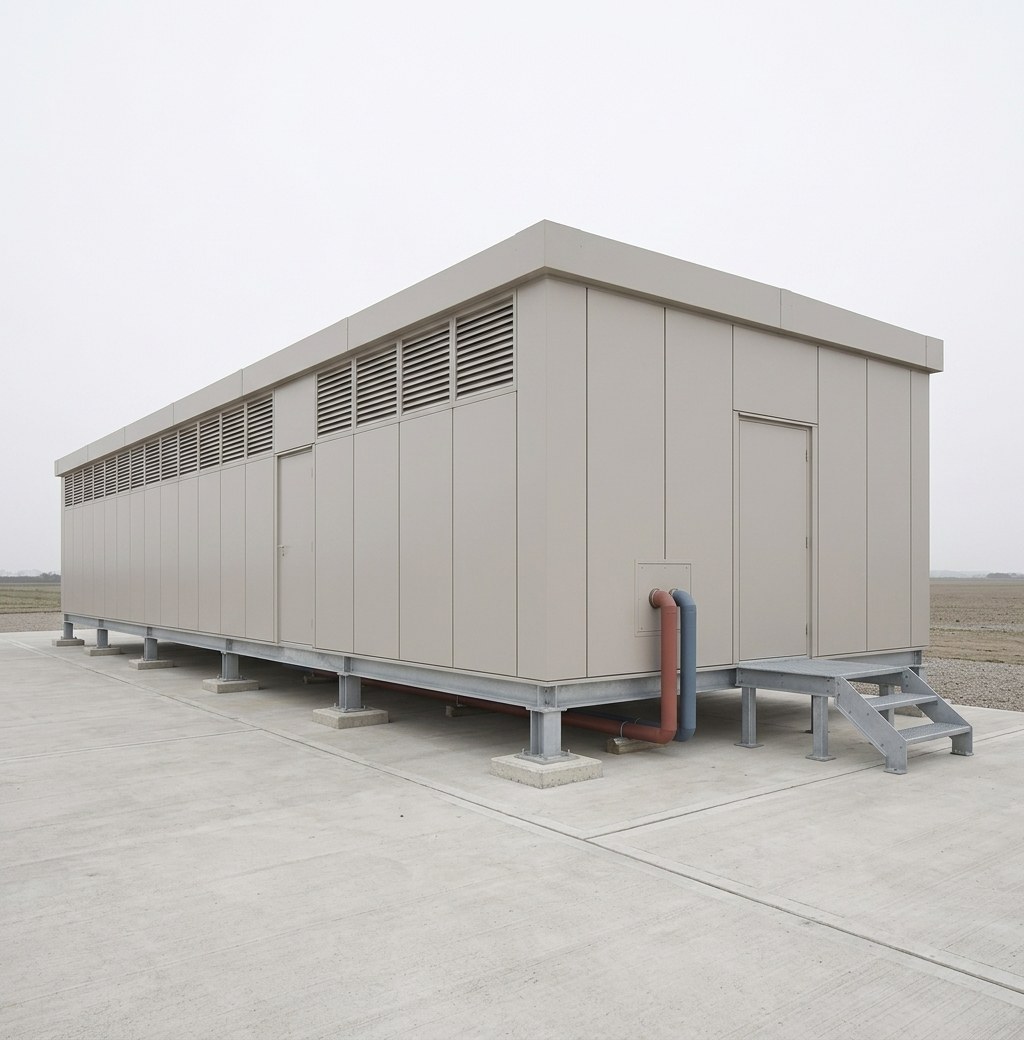 A compute module on its plinth with the warm and cold pipes running out