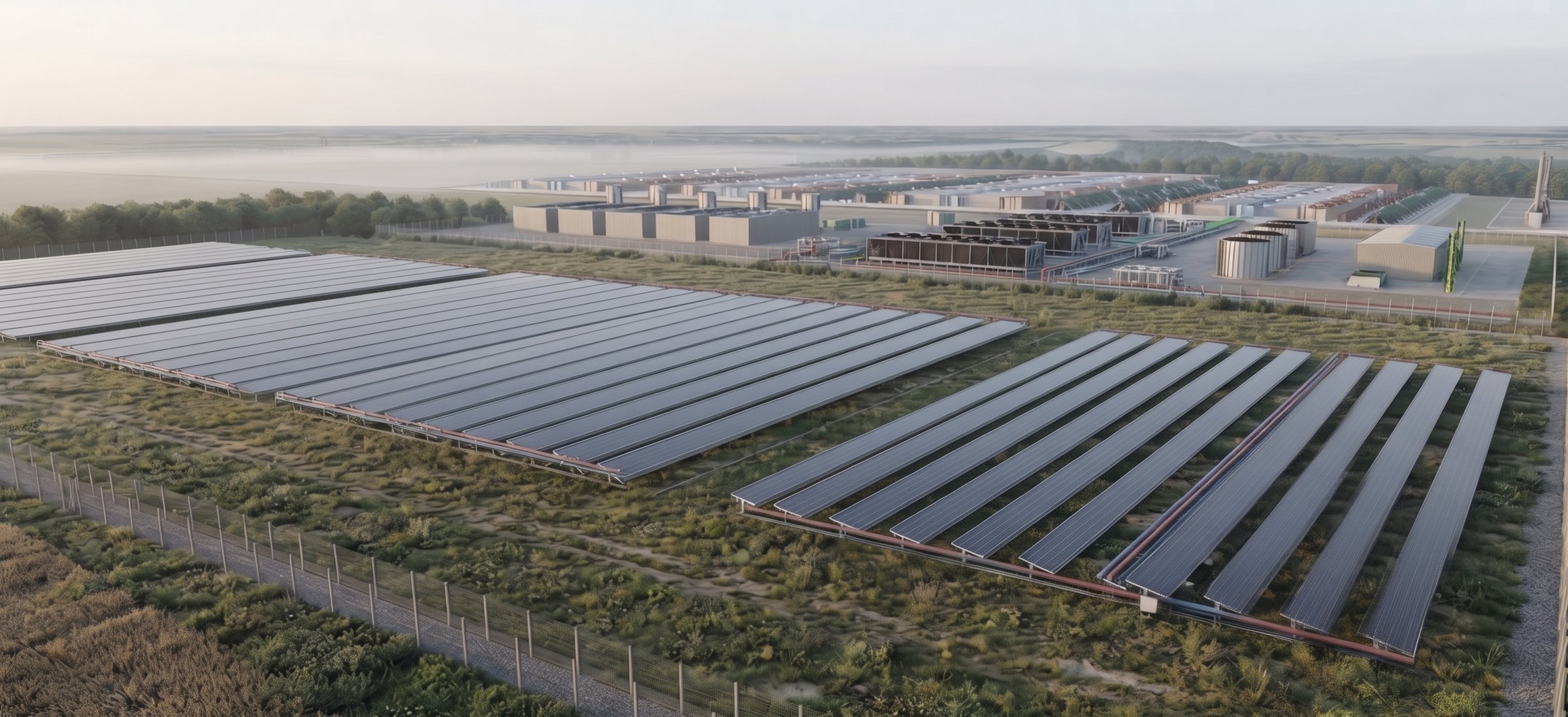 Solar collectors in the foreground, with the power and thermal plant and the compute block behind