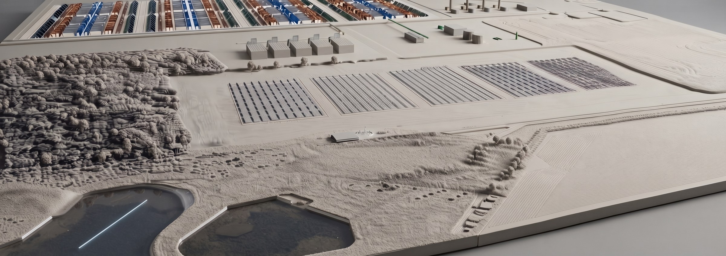 A model of the site showing the compute rows, the power plant, the solar field and the ponds