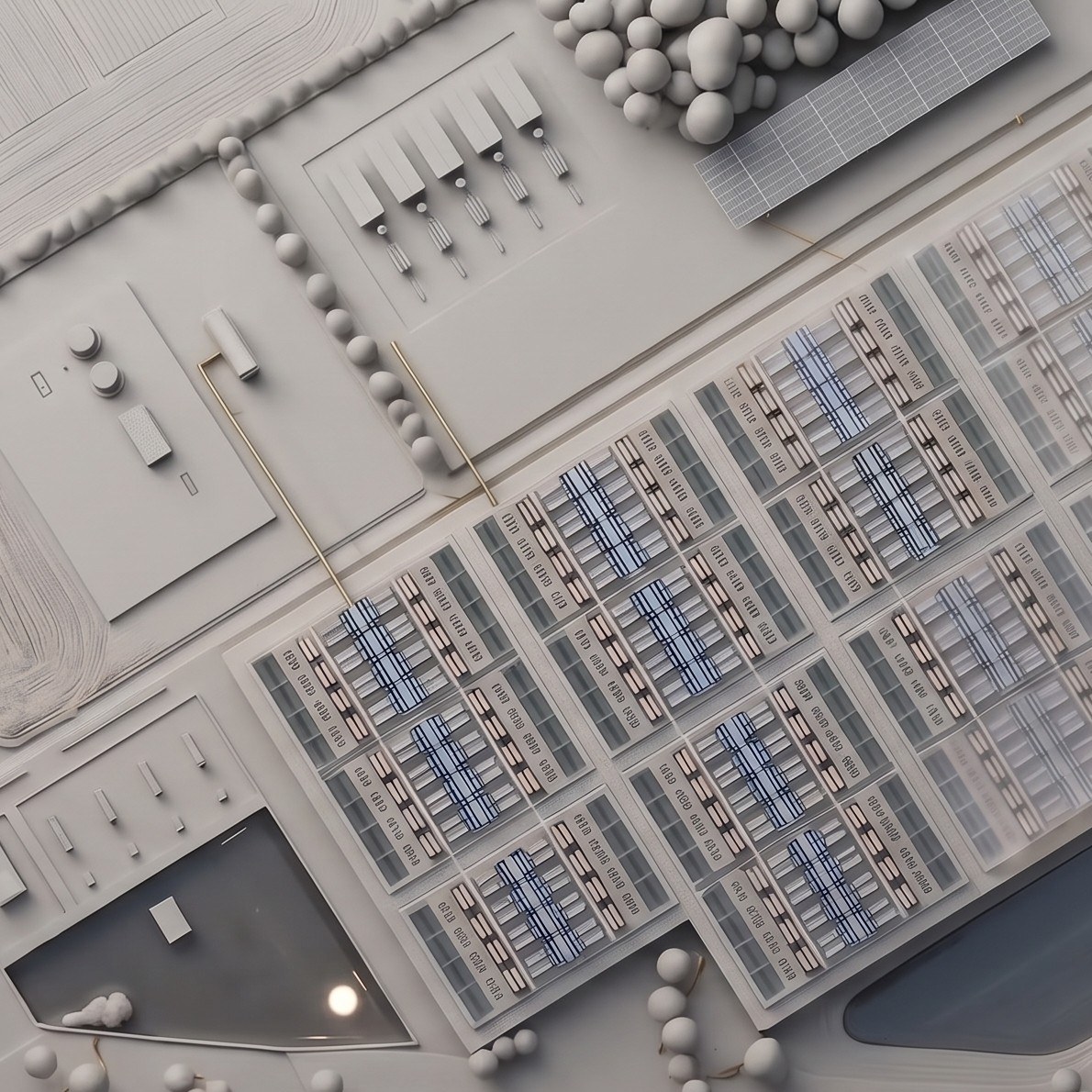 A model of the compute blocks from above, with the power yard and the pond