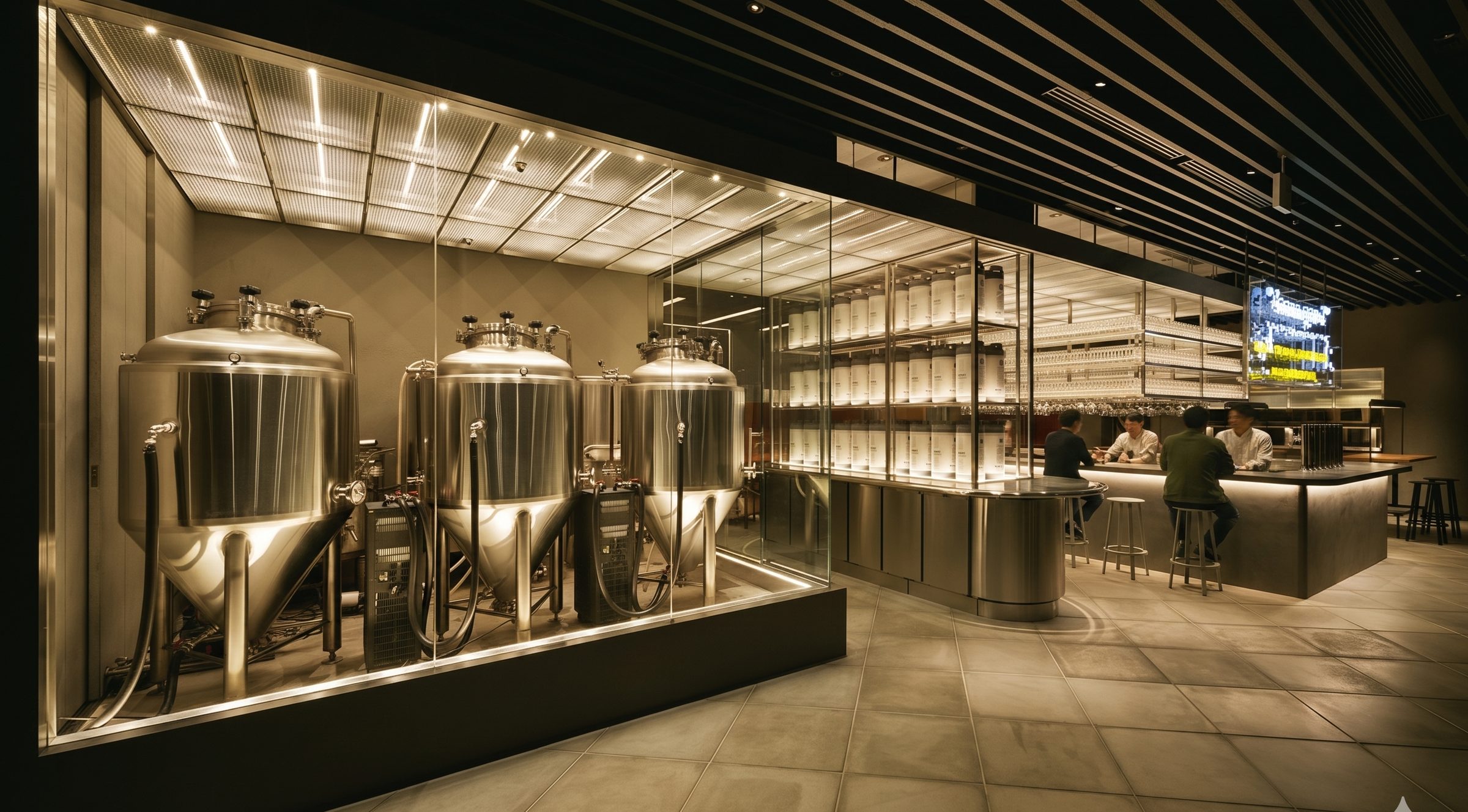 A small brewery behind glass, stainless tanks and a tasting bar.