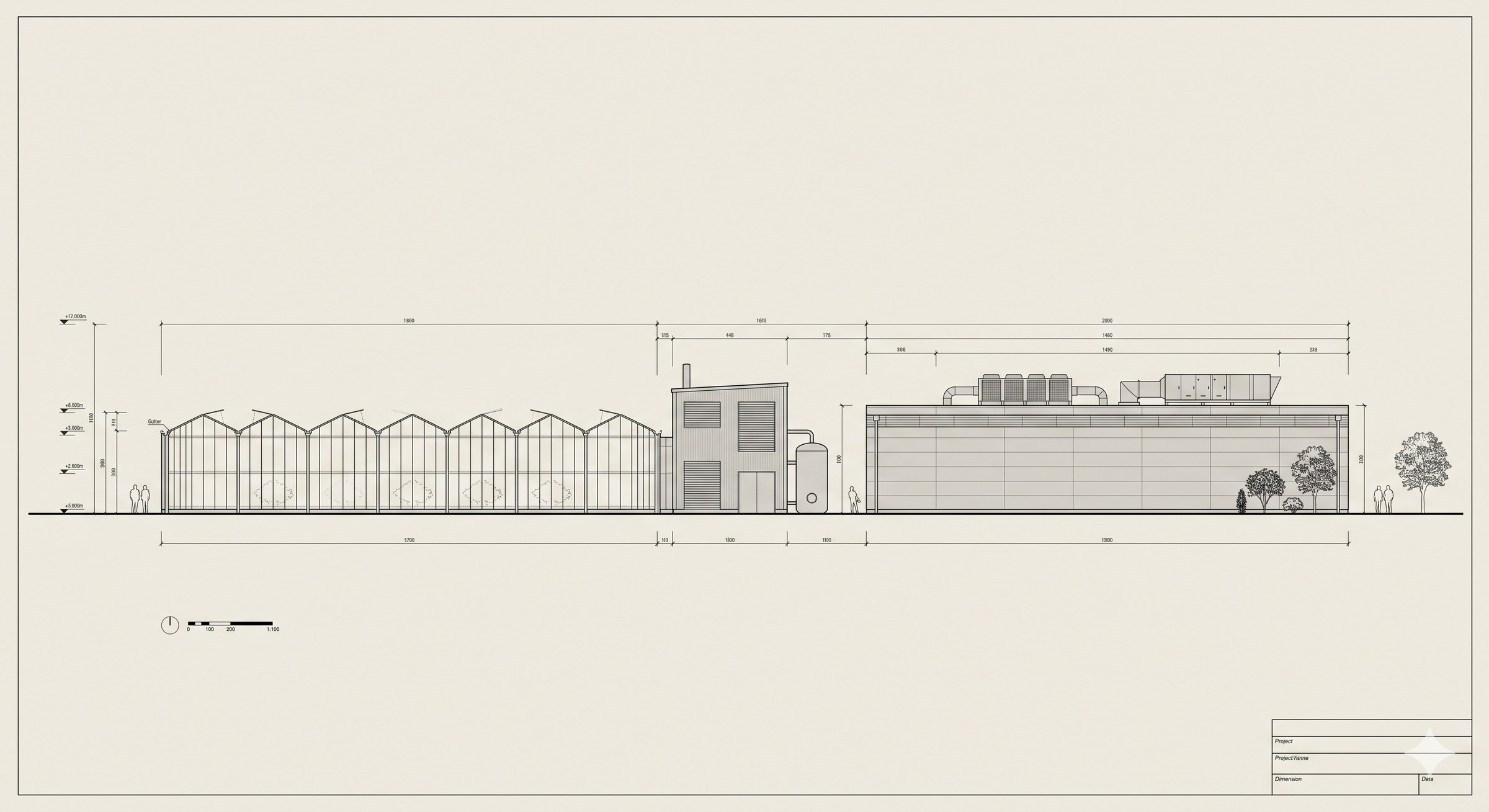 An elevation drawing of the glasshouse, the plant building, and the data hall with rooftop cooling.