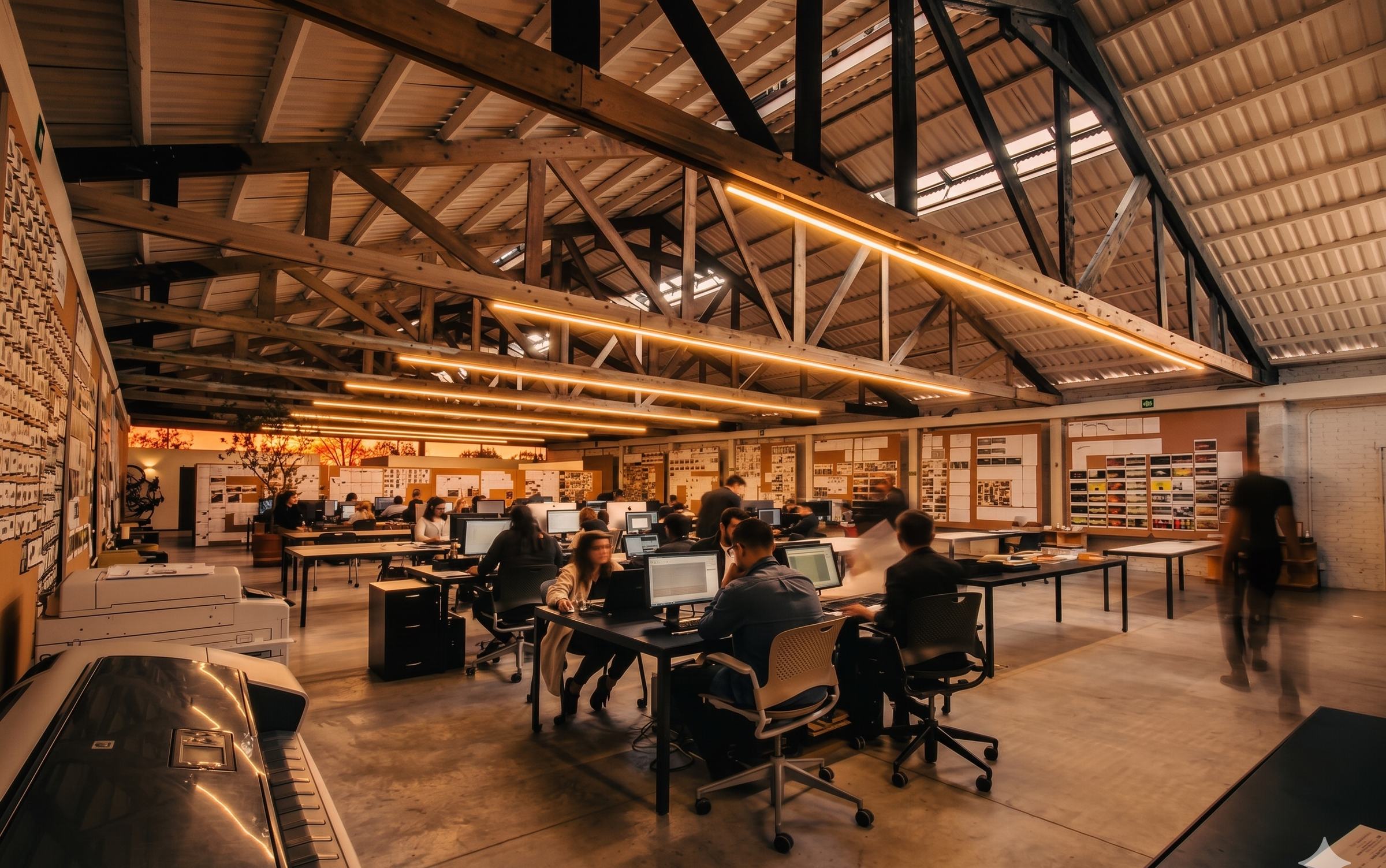 A working studio under an exposed timber roof, people at computers.