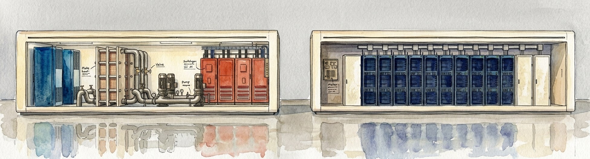 A watercolour cutaway of two units, one holding pumps, pipes, heat exchangers and switchgear, the other holding the computers.